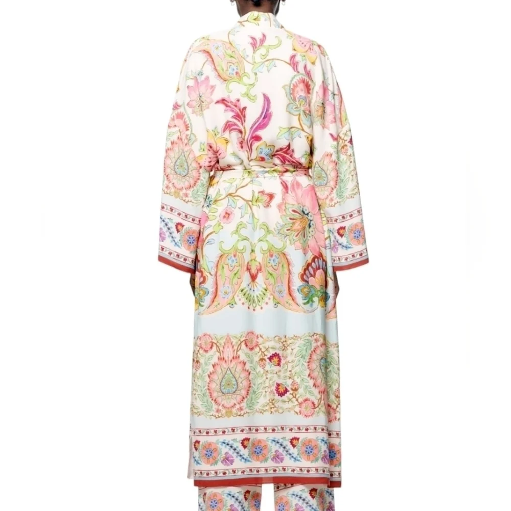 Zara Floral Pink Green Multicolor Printed Kimono Jacket With Belt Sz Small NWT - Picture 2 of 10